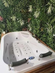 a white bath tub in front of a green hedge at Romantic love room house in Aix