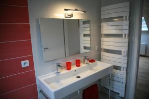 ein Badezimmer mit einem weißen Waschbecken und einem Spiegel in der Unterkunft Les Chambres du Beau Regard in Villé