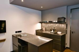 a kitchen with a counter top in a room at AMANO Home Leipzig in Leipzig +64 photos