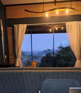 a dog sitting in a window looking out at the mountains at Refúgio na Serra com Pôr do Sol in Feliz