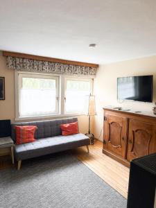 a living room with a couch and a flat screen tv at Rosis Cottage in Lienz