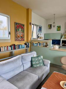 a living room with a couch and book shelves at B&B Le Palombelle Casa Vacanze in Otranto