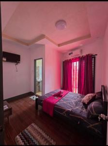 a bedroom with a bed with pink walls and a window at Rweydz Guest Inn Dorm in Tagbilaran City
