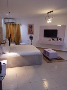 a bedroom with a large bed and a flat screen tv at Vintage classic suits in Lagos +16 photos