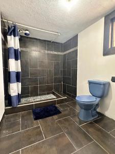 a bathroom with a blue toilet and a shower at Hospedajes Alta Terra in Quetzaltenango