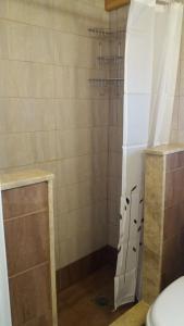 a shower with a white shower curtain in a bathroom at Studio Katerina in Kimolos