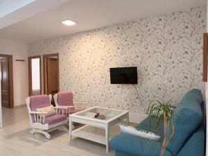 a living room with a couch and chairs and a tv at Apartamentos Cuberris in Ajo