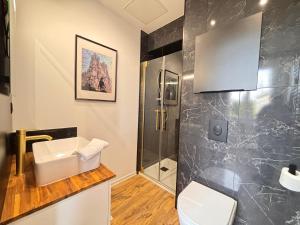 a bathroom with a shower and a toilet and a sink at 2 Neufchâtel studio agréable et cosy tout équipé in Reims