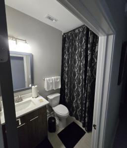 a bathroom with a toilet and a sink at Immaculate Vibes Sunset View Condo in Birmingham