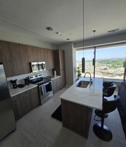 a kitchen with a sink and a stove top oven at Immaculate Vibes Sunset View Condo in Birmingham