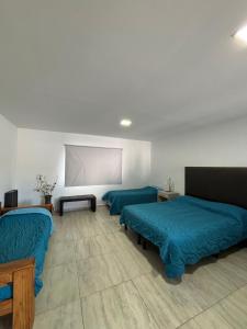 a room with three beds and a white wall at Amanecer Rio Limay in Plottier