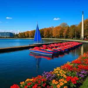 a row of boats in the water with flowers at Hannover Group Apartment in Hannover +6 photos