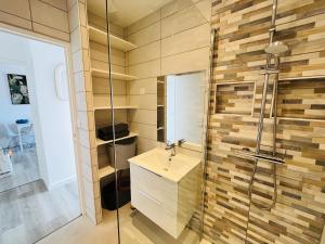 a bathroom with a sink and a shower at Le Vinois Climatisation 2 chambres balcon in Vinay +17 photos