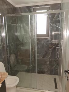 a shower with a glass door in a bathroom at Haraki Sunstone in Haraki