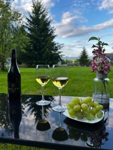 two glasses of white wine and a plate of grapes at Villa van Dam in Miłków