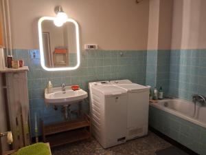 a bathroom with a sink and a tub and a mirror at Maison de Jeanne in Eschau +9 photos