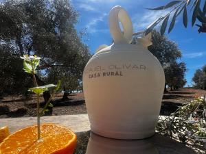 a white jug with a bunny on it next to an orange at FINCA EL OLIVAR Casa Rural in Los Corrales +35 photos