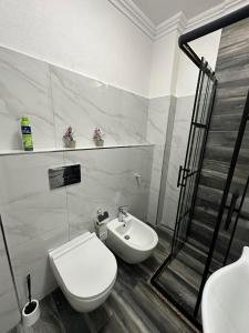 a bathroom with a toilet and a sink and a shower at apartament gezuar in Golem +2 photos