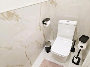 a white toilet in a bathroom with marble walls at Luxury House with Open Living Space in Toronto +33 photos