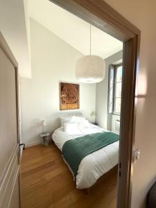 a bedroom with a bed with a green blanket at Appartement calme et lumineux au cœur d'Arles in Arles
