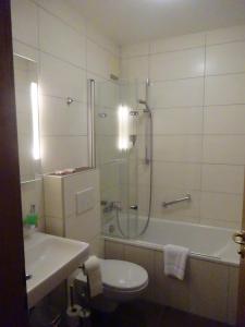 a bathroom with a shower and a toilet and a sink at Schloß-Hotel Hirschau in Hirschau