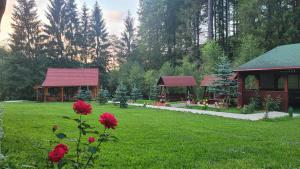 a green yard with two pavilions and red flowers at Cabana Cremenea in Merişor