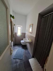 a bathroom with a toilet and a sink at Wohnung HoMe No 17 in Parchim