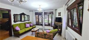 a living room with a green couch and purple pillows at Villa Teresa - Casa familiar con jardín en Cangas de Onís in Cangas de Onís