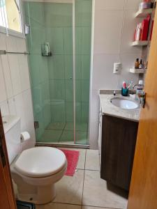 a bathroom with a shower and a toilet and a sink at 1 dorm aconchegante em apto compartilhado com a moradora in Santa Rosa