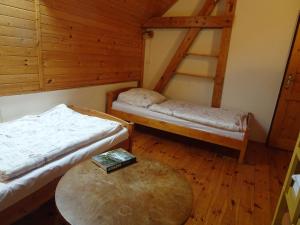 a room with two bunk beds and a table at chalupa U Hovorků s bazénem - u pískoven Vlkov in Veselí nad Lužnicí +47 photos