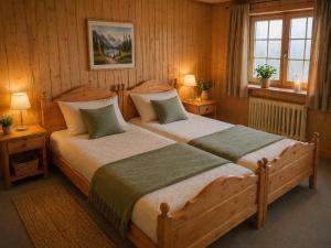 a bedroom with two beds and two lamps and two windows at Ferienwohnungen Pez Regina in Lumbrein