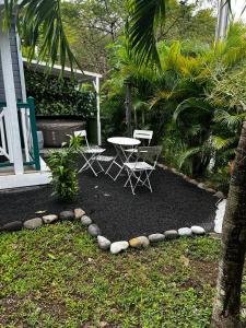 a patio with two chairs and a table and a tree at Ti ÉMERAUDE in Pointe-Noire +3 photos
