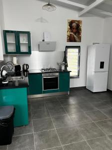 a kitchen with green cabinets and a white refrigerator at Ti ÉMERAUDE in Pointe-Noire