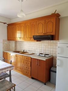 a kitchen with wooden cabinets and a sink and a refrigerator at Victoria Studio Himara in Himare