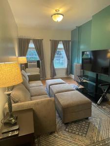 a living room with a couch and a flat screen tv at Uptown Geneva Rowhouse Flat in Geneva