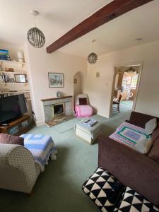 a living room with a fireplace and a tv at IronPig Cottage in Cheadle
