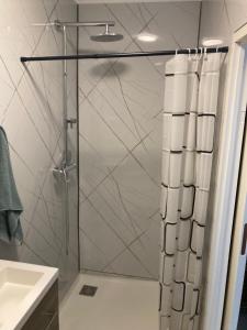 a bathroom with a shower with a shower curtain at Sheepyhead in Dordrecht