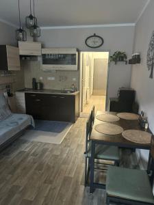a kitchen and a dining room with a table and chairs at Apartmán Míša in Harrachov