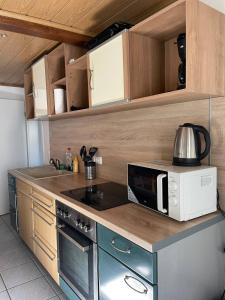 a kitchen with a stove and a microwave on a counter at Gemütliche Wohnung mit WLAN, TV und Parkplatz in Groß-Umstadt