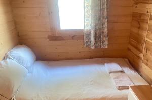 a bed in a wooden room with a window at Zacisze 6 osobowy Domek nad jeziorem in Świętne
