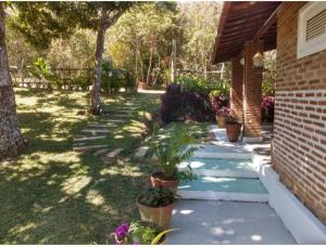 a garden with potted plants on the side of a house at Chalé Guaíras in Mulungu