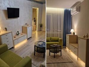 two pictures of a living room with a green couch at Old City Cafe in Brăila