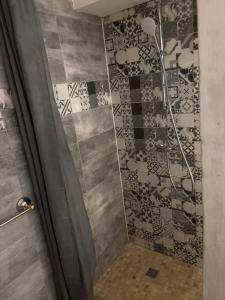 a shower with a glass door next to a tile bathroom at Propriétaire privé in Carcassonne