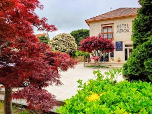 a tree with red leaves in front of a building at Hotel Arce in Baiona