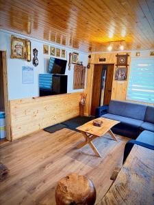 a living room with a couch and a table at Domek KALINKA -Góry Sowie-Rzeczka in Rzeczka