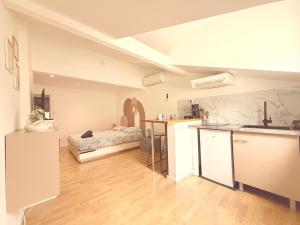 a kitchen and living room with a bed in a room at Les nids de Lagasse in Agen