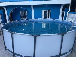 a swimming pool in a house with a blue wall at Blue Paradise in Coxen Hole