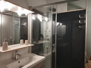 a bathroom with a glass shower and a sink at vaste T2 en Auvergne in Vic-le-Comte