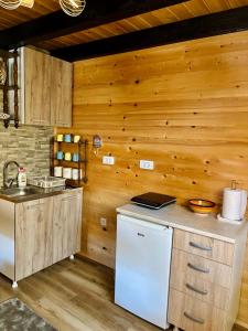 a kitchen with a white refrigerator and wooden walls at Brvnare Nikolić in Zlatibor
