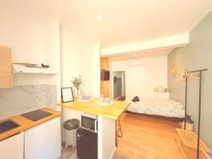 a room with a kitchen and a bedroom with a bed at Les nids de Lagasse in Agen +28 photos